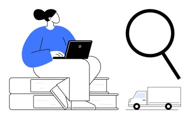 Kitapların üzerinde oturan bir kadın, araştırmayı sembolize eden bir büyüteç ve bir teslimat kamyonu. Lojistik, araştırma, eğitim, iş analizi, tedarik zinciri, e-ticaret için ideal