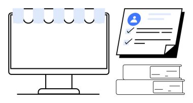 Sekmeli bilgisayar ekranı, kullanıcı profili kontrol listesi ve eğitim, verimlilik, dijital organizasyon, araştırma, eğitim, beceri geliştirme bilgi edinimini sembolize eden bir yığın kitap. İdeal
