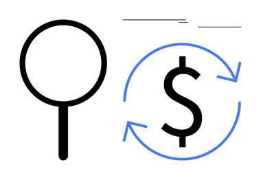 Para akışını, finansal analizi, karı, ekonomiyi, ticareti, tasarrufu simgeleyen oklarla çevrili dolar işaretinin yakınındaki büyüteç. Ekonomi, bankacılık ve pazarlama finansmanı için ideal. Basit.