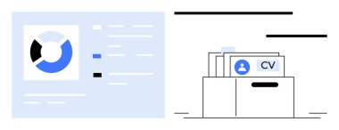 Veri yönetimi konsepti. Veri görselleştirmeleri analiz ve içgörü gösterirken, organize CV işlemleri ise işe alım verimliliğini destekler. Veri güdümlü işe alım ve analiz. HR ve iş için ideal