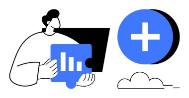 İş verileri konsepti. İş verileri, elinde grafik bulmacası olan ve artı işareti olan birini kullanıyor. İş verileri yenilik ve karar verme sürecini yürütüyor. Finans ve analitik için ideal