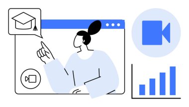 E-öğrenme, çevrimiçi eğitim, sanal sınıflar, uzaktan eğitim, dijital dersler, veri analizleri. Eğitim ve analitik simgelerle video arayüzü kullanan bir kişi. E-öğrenme ve çevrimiçi