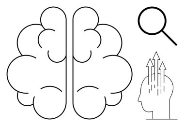 Beyin konsepti. Büyüteç ve yukarı doğru ok analizi, büyüme ve yenilik içeren beyin çizimi. Yaratıcılık, araştırma, fikirler, üretkenlik ve zihinsel sağlık için beyin büyümesi