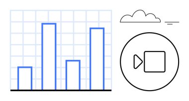 Veri analizi konsepti. Grafik ve ızgaralarla veri görselleştirme. Bulut depolama ve video paylaşımını bağlayan veri analizleri. Teknoloji endüstrisi, dijital medya, bulut hizmetleri ve iş eğilimleri için