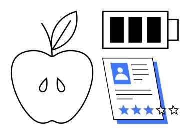 Tohumlu siyah beyaz elma, pil ikonu ve yıldız reytingli belge. Konseptler için ideal sağlık, beslenme, enerji, üretkenlik, geri bildirim, basit düz metafor değerlendirmesi
