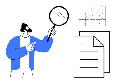 Analiz konsepti. Bir adam cam analizi kullanarak belgeleri inceliyor. İlgili yapboz parçaları problem çözme ve bağlantılar. İş, araştırma, strateji, takım çalışması, iş akışı için