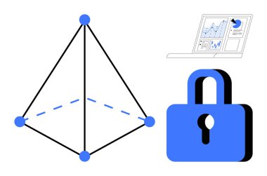 Siber güvenlik, veri koruması, dijital gizlilik, analitik, ağ güvenliği, teknoloji ikonları. Kilit, geometrik ağ ve analitik görüntüleme. Siber güvenlik ve veri koruması