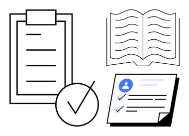 Pano kontrol listesi, açık kitap ve kontrol işaretleriyle doldurulmuş kişisel form. Planlama, organizasyon, tasdik, dokümantasyon, eğitim araştırmaları kayıt tutmak için ideal. Basit düz metafor