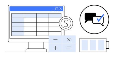 Desktop screen displaying spreadsheet, calculator with arithmetic symbols, dollar coin, battery icon, and speech bubbles with check mark. Ideal for finance, collaboration, productivity, budgeting
