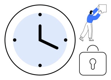 Zaman yönetimi konsepti. Saat çizelgesi ve verimlilik, güvenlik kilidi de var. Zaman yönetimi organizasyona, verimliliğe ve güvenli planlamaya yardımcı olur. İş, iş akışı, eğitim uygulamaları için kişisel