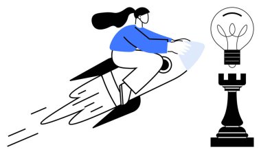 İş büyümesi, yenilik, başlangıç stratejisi, liderlik, konsept geliştirme, kariyer başarısı. Ampul ve satranç kalesiyle rokete binen bir kadın. Yenilik ve başlangıç stratejisi kavramı