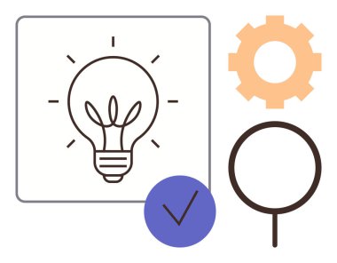 Yenilik, problem çözme, fikir üretimi, araştırma, planlama, yaratıcılık. Ampul, dişli kontrol işareti ve büyüteç simgeleri. Yenilik ve problem çözme kavramları