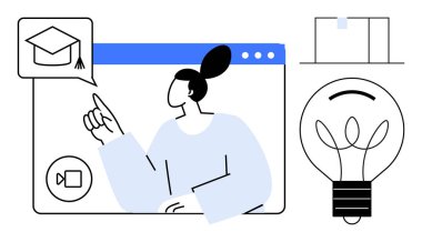 Çevrimiçi eğitim, sanal öğrenme, teknoloji, yenilik, dijital beceriler, yaratıcı fikirler. Bir kişi, akademik bir başlık simgesi ve ampul gösteren çevrimiçi bir arayüzle etkileşime girer. Çevrimiçi