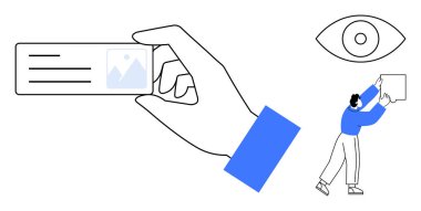 Kimlik doğrulaması. Dijital kimlik kartı ve belgelerle etkileşim halinde olan bir birey, güvenli kimlik işlemlerini ifade eder. Göz sembolü gözlem ya da güvenliği simgeler. Çevrimiçi kimlik doğrulama için