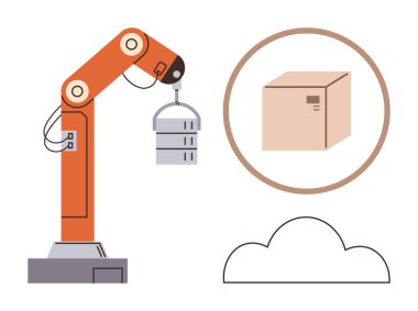 Otomasyon, lojistik, bulut hesaplama, depolama, endüstri 4.0, robotik. Robot kol, bir sunucu ve altında bulut olan bir kutuyu kaldırıyor. Otomasyon ve lojistik kavramı
