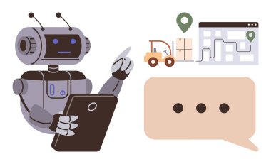 Yapay zeka çözümleri, lojistik teknolojisi, dağıtım takibi, otomatik sistemler, tedarik zinciri yönetimi, iletişim araçları. Robot tableti tutuyor. Konum sohbet baloncuğu olan bir harita. Lojistikte yapay zeka