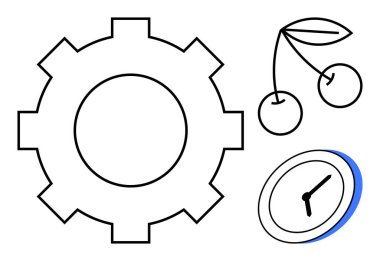 Productivity, time management, workflow optimization, natural cycles, efficiency, work-life balance. Gear, cherries and clock with clean lines. Productivity and time management concepts