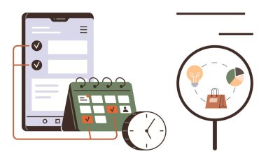 Üretkenlik, görev organizasyonu, e-ticaret planlaması, iş stratejisi, zaman yönetimi, çevrimiçi programlama. Kontrol işaretli takvim, iş simgeli telefon ekranı büyüteç. Verimlilik