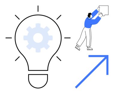 Yenilik kavramı. Ampulün içindeki dişliler ve yukarı doğru ok ile yapılan yenilik büyümeyi simgeler. İnovasyon, işbirliği ve yaratıcılıkla desteklenir. İş, teknoloji, takım çalışması, liderlik için