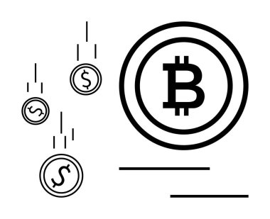 Dolar sikkeleri Bitcoin taşıma, taşıma, engelleme zinciri ve dijital finans kavramlarına dönüşüyor. Kripto para birimi, yatırımlar, fintech, küresel ekonomi, yenilik ve ademi merkeziyet için ideal