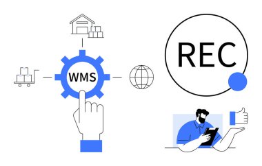 Lojistik, envanter yönetimi, dijital aletler, depo işlemleri, tedarik zinciri, teknoloji entegrasyonu. Bağlı simgelerle etiketlenmiş WMS, tablet REC işareti kullanan kişi. Lojistik