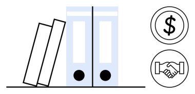 Finans konsepti. Belge dosyaları, dolar işareti ve tokalaşma simgeleri ile finanse ediliyor. Finans organizasyonu ve işbirliği. Muhasebe, ekonomi, iş stratejisi, şirket için harika.