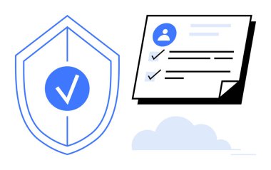 Shield with checkmark symbolizing security, checklist form with profile picture indicating verification. Ideal for data protection, online security, privacy compliance, identity authentication