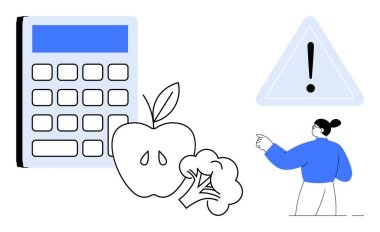 Sağlıklı beslenme, beslenme takibi, diyet planlaması, gıda farkındalığı, sağlık uyarıları, kalori yönetimi. Hesap makinesi, elma brokoli uyarısı işareti ve işaret eden kişi. Sağlıklı beslenme ve yeme