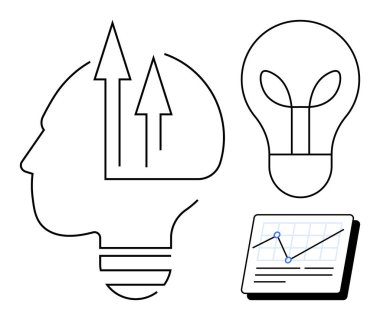 Yukarı doğru oklu beyin çizgisi, yaprak lifli ampul ve analiz çizelgesi. İş, yenilik, strateji, büyüme, analitik sürdürülebilirlik ve yaratıcılık konuları için idealdir. Basit düz