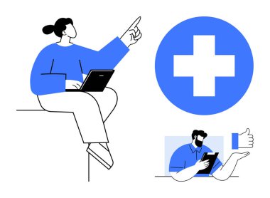 Sağlık, teletıp, iletişim araçları, dijital platformlar, çevrimiçi hizmetler, erişilebilirlik. Tabletli bir kişi yukarı doğru işaret eder ve diğeri de sağlık haçı yanında onay verir.