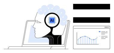 Bilgisayar ekranında yapay zeka çipli beyin olan bir insan profili. Dijital analiz grafiğinin yanında. Yapay zeka teknolojisi, veri bilimi, yenilik, makine öğrenimi, araştırma, otomasyon, geliştirme için ideal