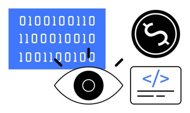 Data protection, digital economy, cyber security, software coding, monetization, technology design. Binary code, eye dollar symbol coding elements . Data protection and digital economy theme