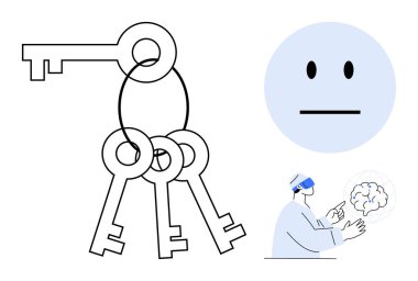 Mahremiyet, teknoloji, duygular, yapay zeka, güvenlik, nörobilim. Bir anahtarlık, tarafsız bir yüz ve sanal gerçekliği beyin grafiği ile kullanan bir kişi. Güvenlik ve teknoloji