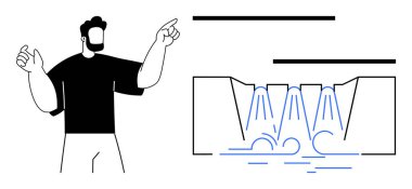 İnsan, kanal sisteminde akan suyun yanında el kol hareketi yapar. Eğitim, sunum, mühendislik, su yönetimi, tasarım süreci, öğretim ve yenilik için idealdir. Basit düz metafor