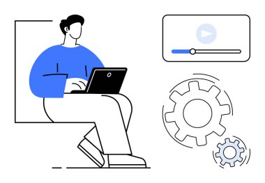 Teknoloji, dijital araçlar, iş akışı optimizasyonu, çevrimiçi öğrenme, medya oynatma, kullanıcı arayüzü. Dişlilerle ve video arayüzü ile çalışan kişi. Teknoloji ve dijital araçlar kavramı