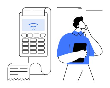 Ödeme makinesinin yanında elinde kablosuz ikon ve makbuzla tablet tutan adam. Finans, teknoloji, perakende, karar verme, dijital ödeme, yenilik, müşteri etkileşimi için idealdir. Basit düz