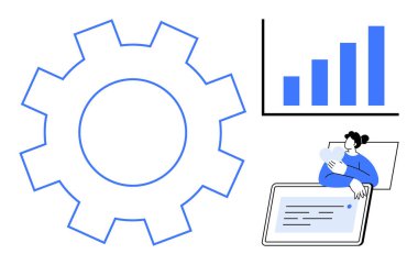 Teknoloji konsepti. Vites simgesi, veri tabloları ve dijital aletlerle donatılmış teknoloji. Teknoloji yenilik, analitik ve verimliliği yönlendirir. IT için, veri analizi yazılım otomasyon endüstrileri