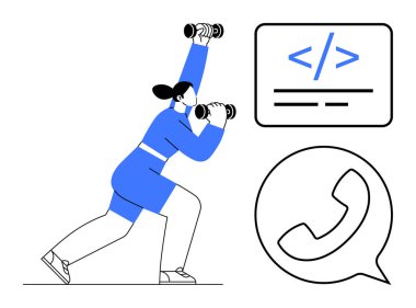 Fitness eğitimi, kodlama becerileri, iletişim stratejileri, çoklu görev, sağlık teknolojisi entegrasyonu, verimlilik gelişimi. Kadın dambılları kaldırıyor, telefon simgesini kodluyor. Fitness eğitimi