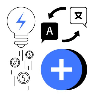 Enerji konsepti. Enerji üretimi, çeviri araçları, finansal büyüme ve sağlık hizmetleri sembolleri. Modern yenilikleri geliştiren enerji ve teknoloji, sağlık, iş dünyası için kusursuz üretkenlik