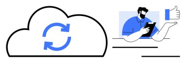 Bulut hesaplama, veri paylaşımı, dijital trendler, teknoloji iş akışı, kullanıcı deneyimi, profesyonel araştırma. Senkronize sembollü bir bulut ve dijital tablet kullanan bir adam. Bulut hesaplama ve veri paylaşımı