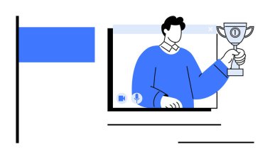 Çevrimiçi bir video ekranında, başarıyı, tanınmayı ve başarıyı simgeleyen bir kupa tutan kişi. Çevrimiçi etkinliklerin temaları, uzak çalışma, ödüller, dijital başarı, ağ oluşturma için ideal