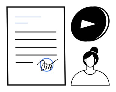 Dijital yetki, uzaktan çalışma, kontratlar, video medya, kimlik doğrulama, elektronik anlaşmalar. İmzalı belge, oynat düğmesi ve kullanıcı profili. Dijital yetkilendirme ve uzak çalışma