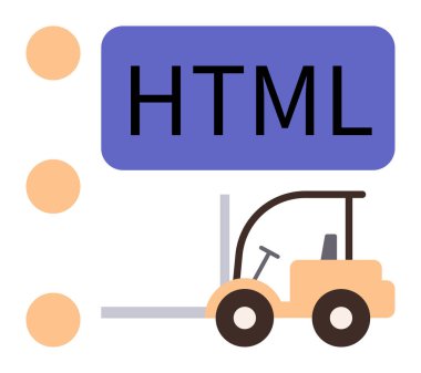 Teknoloji geliştirme, web tasarımı, HTML kodlama, veri organizasyonu, lojistik, programlama. HTML metin ve dairesel elementlerle forklift. Teknoloji geliştirme ve lojistik kavramı