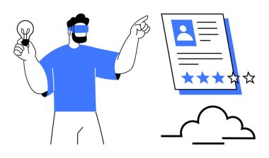 VR kullanıcısı ampulü tutuyor ve fotoğraf, metin ve yıldız değerlendirmesi içeren profil ile etkileşime giriyor. Teknoloji, yenilik, yaratıcılık, kullanıcı deneyimi, dijital gelecek için ideal, fikirler basit düz metafor