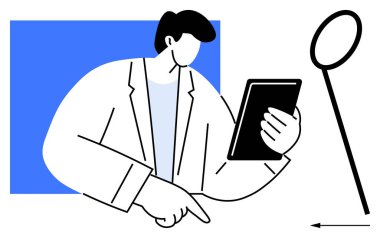 Teknoloji konsepti. Teknoloji uzmanı tablet ve büyüteçle verileri inceliyor. Bilgi analizi ve yenilik için teknolojik araçlar. Araştırma, analitik, dijital çalışma alanı