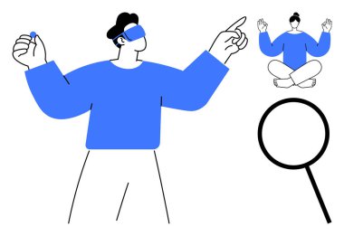 Virtual reality, mindfulness, meditation, technology innovation, exploration, focus. Man with VR headset pointing, person meditating magnifying glass. Virtual reality and mindfulness focus concept