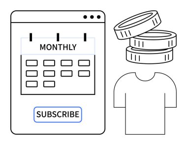 Aylık planlar, bütçe, e-ticaret çözümleri, abonelik modelleri, iş stratejileri, perakende sistemleri. Aylık plan, bozuk para ve tişört takvimi. Aylık planlar ve e-ticaret çözümleri teması