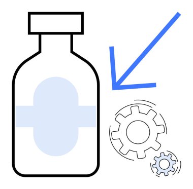 Otomasyon, yenilik, sağlık, ilaç, teknoloji, imalat. Dişliler ve okla dolu bir şişe. Tıbbi ve ilaç endüstrisi kavramında otomasyon ve yenilik