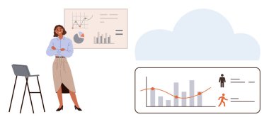 İş analizleri, veri görselleştirme, bulut hesaplama, takım çalışması, performans takibi, liderlik. Haritaları, grafikleri ve bulut ikonu olan bir iş kadını. İş analizleri ve veri görselleştirmesi