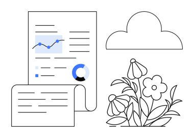 Ticari pazarlama, çevresel sürdürülebilirlik, veri görselleştirme, doğa koruma, çevre dostu tasarım, bulut hesaplama. Haritalar, belgeler çiçekler ve bir bulut. Veri görselleştirme